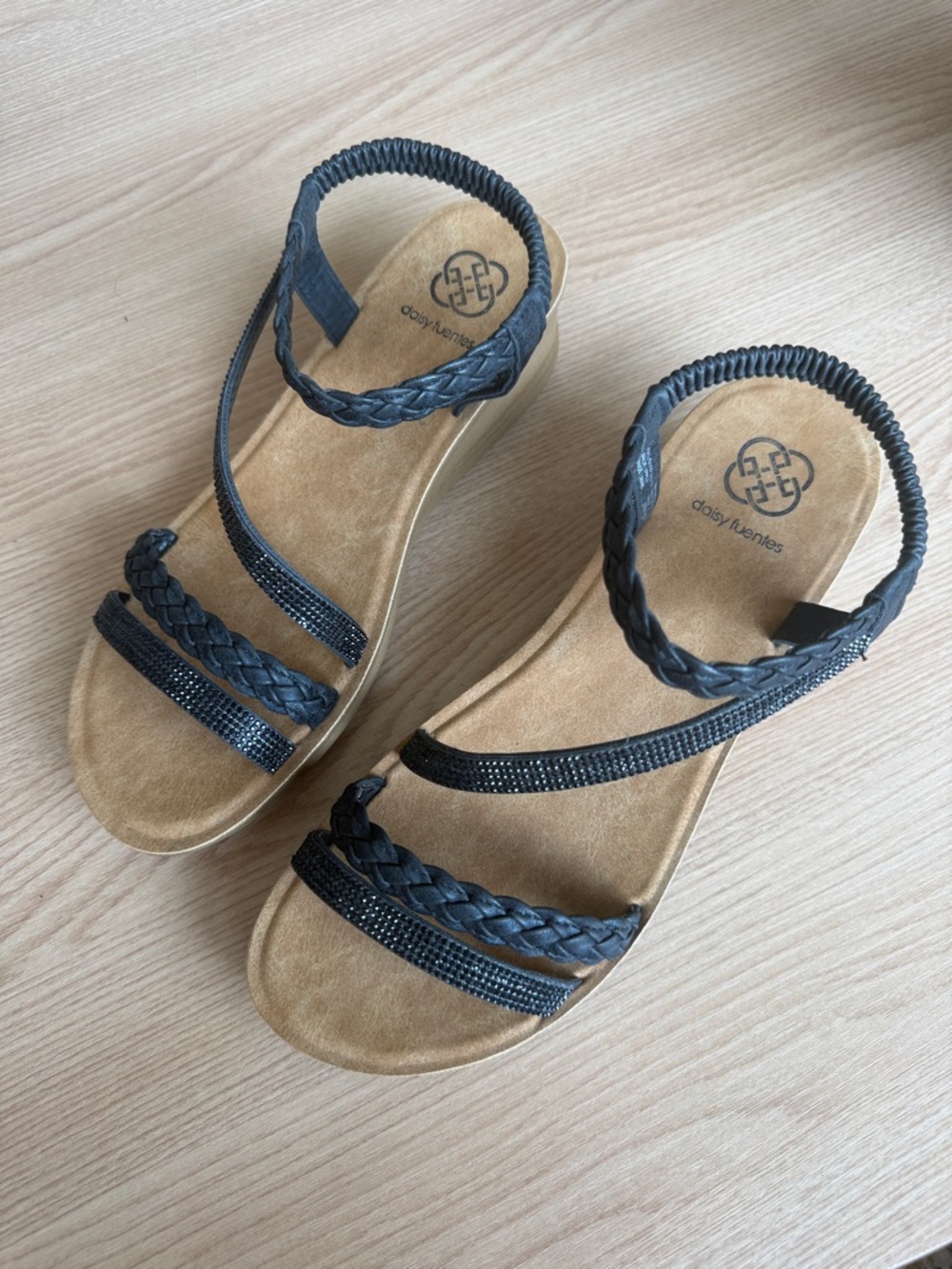 Daisy Fuentes Black Braided and Rhinestone Wedge Sandals